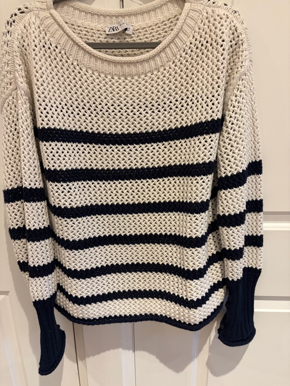Zara Cream and Navy Open-Knit Striped Crew Sweater